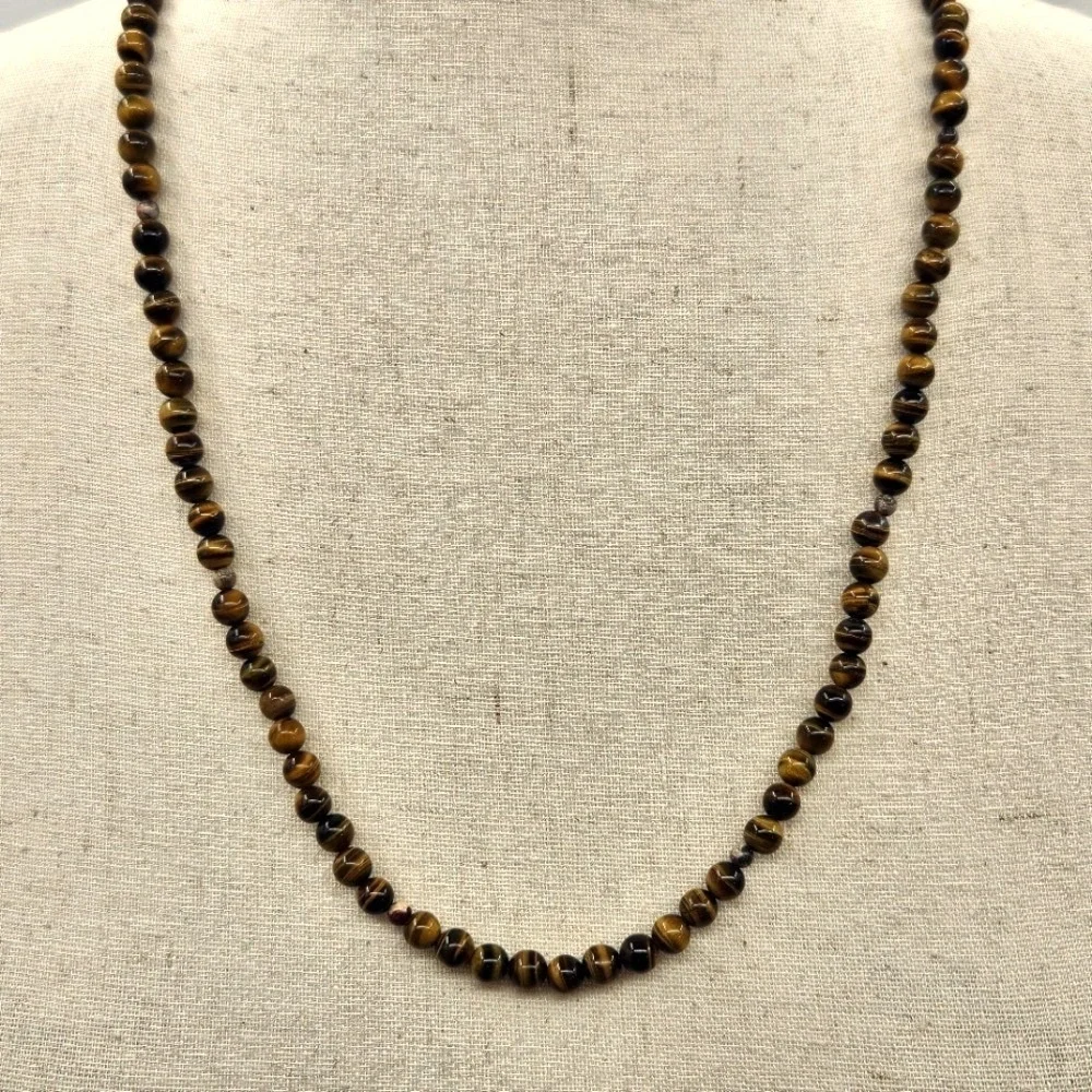 Natural Tigers‎ Eye Beaded Necklace 6mm Round Gemstone Strand Brown Gold Unisex - Picture 2 of 5